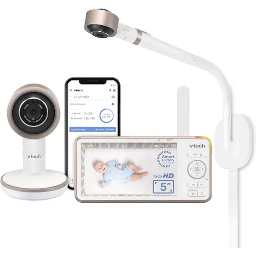 VTech V-Care 1080p FHD Over-The-Crib WiFi Smart Baby Monitor with 5" 720p HD LCD Screen. Remote Access, Intelligence Built-in, Sleep Analysis, Rollover & Face Cover Detection, 18 hrs. Recording