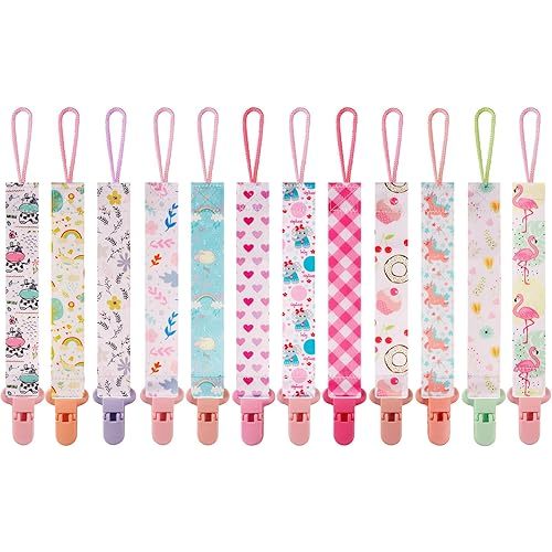 12 Pack Pacifier Clips with Strap 25.5cm - Premium Polyester Baby Pacifier Holder Set, Multi-Design Clips for Girls Boys(Multi Color B)