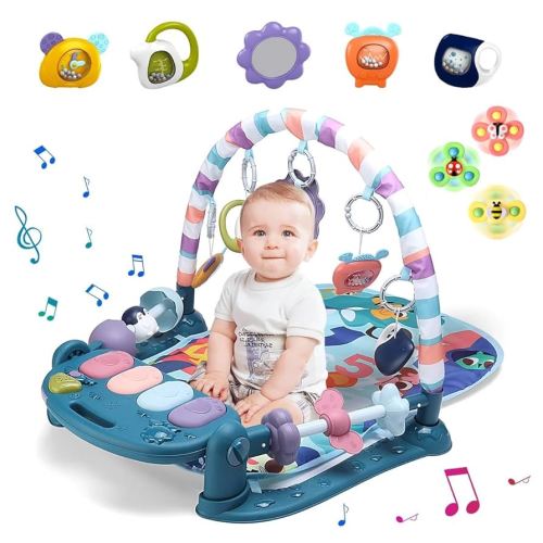 Baby Gym Play Mat, Baby Piano Mat Kick and Play Lights and Music Tummy Time Toys Infant Musical Activity Gym Mat for Visual, Hearing, Sensory, Motor Development Gift for Babies Newborn 0-3-6-12 Months