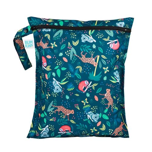 Bumkins Waterproof Wet Bag for Baby, Travel, Swim Suit, Cloth Diapers, Pump Parts, Pool, Gym Clothes, Toiletry, Strap to Stroller, Daycare, Zipper Reusable Bag, Wetdry Packing Pouch, Jungle - D4 Jungle