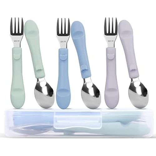 6PCS Toddler Utensils, 316 Stainless Steel Baby Safe Forks + Spoons with Silicone Handle, BPA Free Dishwasher Safe Kids Silverware Cutlery with Box, Sage/Blue/Lilac