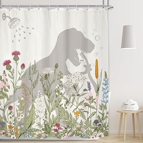 LGhtyro Wildflower Dinosaur Kids Shower Curtain Bathroom Set 71Wx71H Inches Funny Dino Silhouette Floral Rustic Plant Leaves Botanical Bath Accessories for Boys Art Home Decor Fabric 12 Pack Hooks