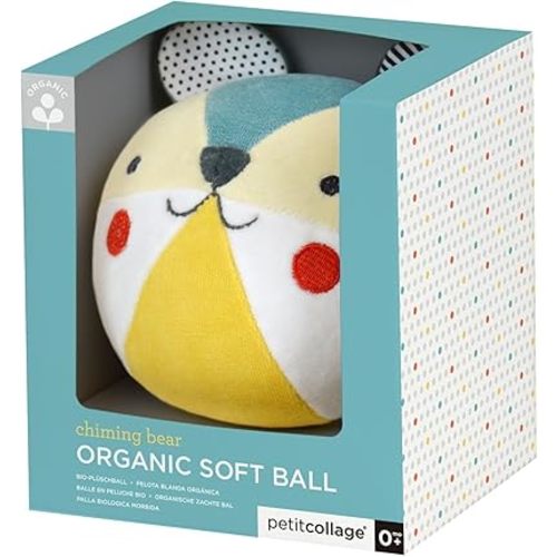 Petit Collage Organic Cotton Soft Chime Busy Baby Ball – Learning Toy for Babies and Toddlers, Measures 6” x 4.75” x 5.50” – Cute Activity Toy That Encourages Crawling