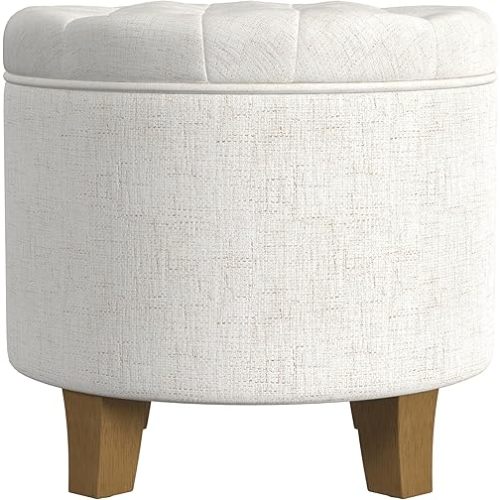 HomePop Home Decor | Upholstered Round Tufted Foot Rest Ottoman | Ottoman with Storage for Living Room & Bedroom | Decorative Home Furniture, Cream Textured Solid