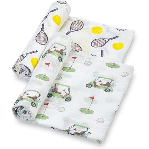 LollyBanks Baby Swaddle Blanket, 100% Cotton Muslin Blankets for Boys and Girls, 47 x 47 Inches Soft and Breathable Swaddles for Newborns, Gentle Baby Wrap Swaddle, Registry (Golf and Tennis 2 Pack)