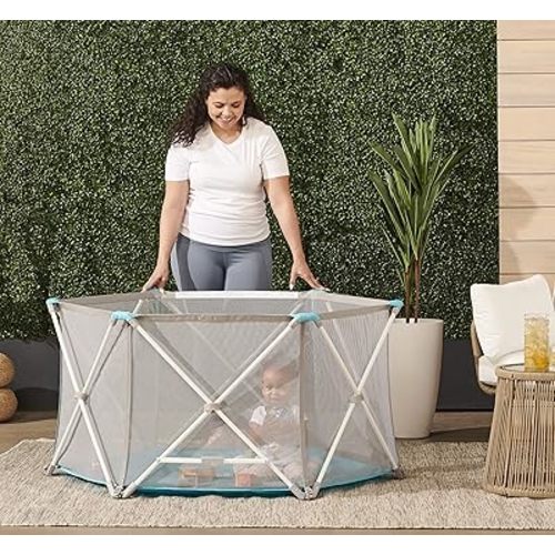 Regalo My Portable Play Yard Indoor and Outdoor, Washable, White/Gray/Teal, 6-Panel