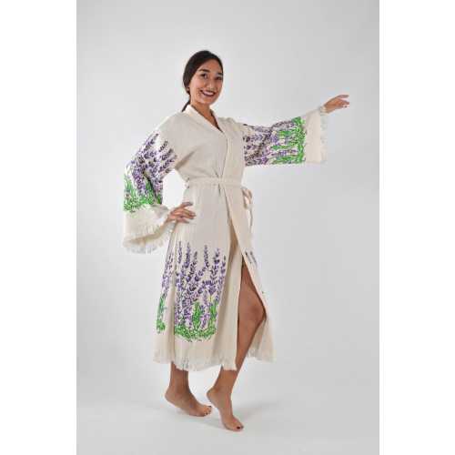 Turkish Cotton Muslin Kimono Robe: Lavender Design, Soft Luxurious Loungewear