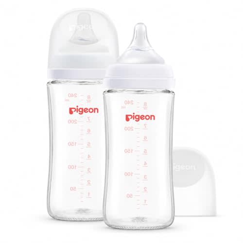 Pigeon Glass Nursing Bottle Wide Neck, Anti-Colic, Streamlined Body, Natural Feel, Easy to Clean, Heat-Resistant, 8.1 Oz (Pack of 2), Includes 2pcs M Nipples (3m+)
