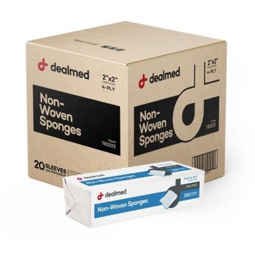 Dealmed 2" x 2" Non-Woven Gauze Sponges, 4-Ply All-Purpose Non-Sterile Absorbent Dental Gauze, 200 Count