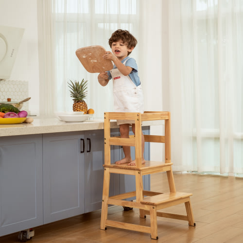 KidsFuture Kitchen Step Stool for Toddlers, Montessori Wooden Learning Furniture for Toddlers, Safety Climbing Tower for Kitchen Counter, Nature