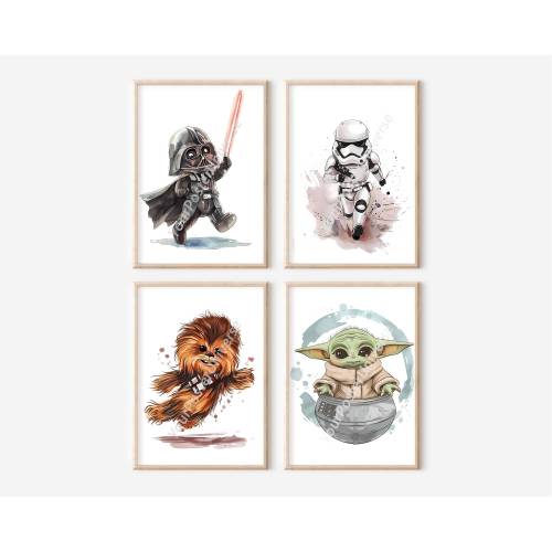 Set Of 4 Star Wars Wall Art - Nursery Decor, Prints for Kids, Chibi Star Wars, Darth Vader Poster, Baby Yoda Decoration, Baby Room Shower