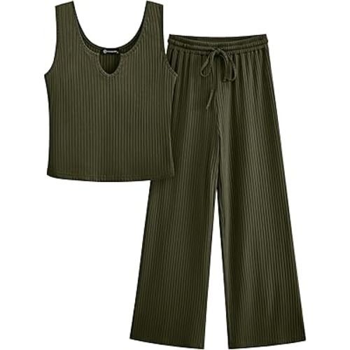 PRETTYGARDEN Women's Summer Casual Two Piece Outfits Sweatsuits Tank Scoop Neck Ribbed Knit Long Pants Tracksuits