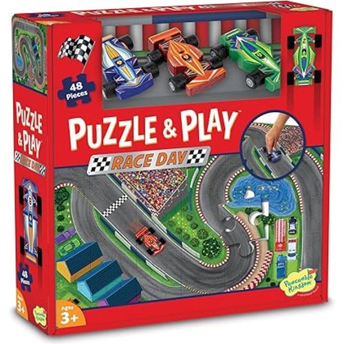 Peaceable Kingdom Puzzle & Play: Race Day - Floor Puzzle for Kids Ages 3 and Up - Includes 3 Wooden Vehicles to Zoom Around The Race Track Puzzle for a Double Dose of Fun - Measures 26” x 36”