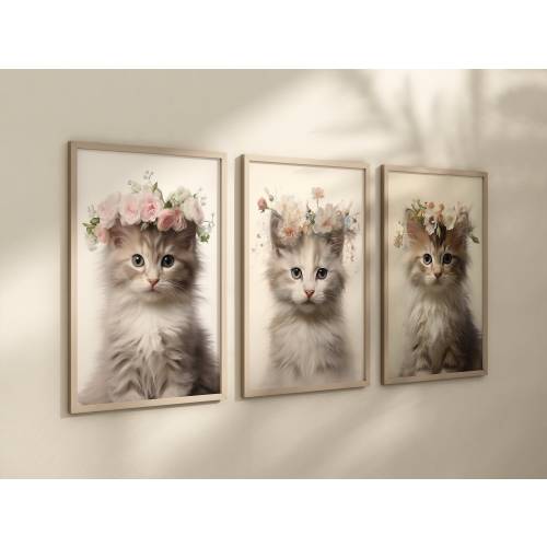 Kitten Wall Art, Set of 3 Prints, Kitten with Floral Crown, Digital Download, Gallery Wall Art