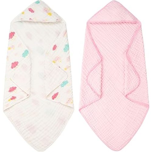 FUNUPUP Hooded Baby Towels 2 Pack Muslin Baby Bath Towels with Hood Baby Towels for Newborn, Infant, Toddler, Large 32x32 Inch Soft and Absorbent Baby Bath Essentials(Pink)