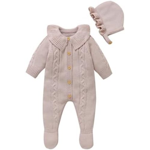 Hadetoto Newborn Baby Sweater Romper Knit Outfits Long Sleeve Jumpsuit with Warm Hat for Infant Boy Girl