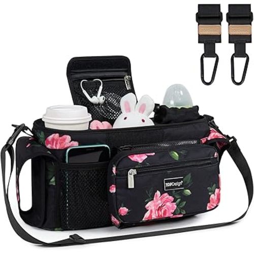 TOPDesign Universal Baby Stroller Organizer, Stroller Caddy with Heightened Insulated Cup Holders & Non-Slip Secure Hooks Accessories, Fits Most Strollers, Machine Washable (Peony)