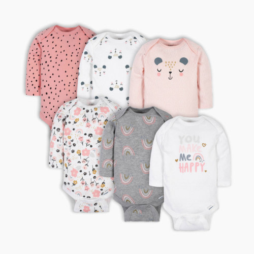 Gerber Long Sleeve Printed Onesies Bodysuits (6 Pack) - Bear, 6-9 M