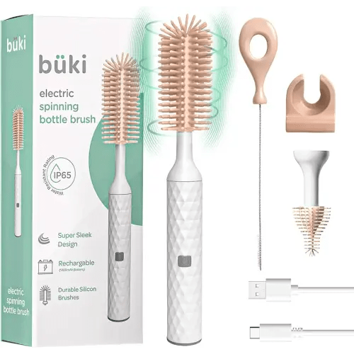 Büki Electric Baby Bottle Cleaning Brush Set - Rechargeable Electric Bottle Brush with Straw Cleaner - Water Bottle Cleaning Kit, Nipple Brush, 1200mAh Brush Cleaner (by Kindersense), Pink