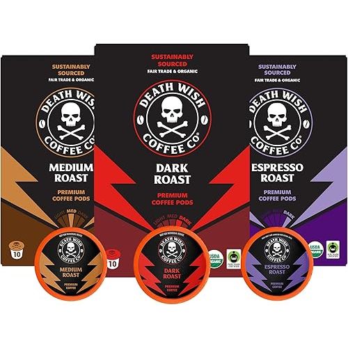 Death Wish Coffee Co., Single Serve Coffee - 10 Each of Medium, Dark, and Espresso Roast - Mixed Roast Variety Pack