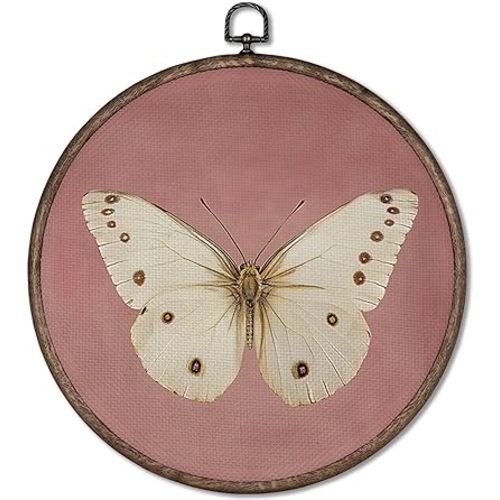 GWFSJYU Vintage Pink Butterfly Framed Wall Art, Coquette Moody Butterfly Round Canvas Prints Wall Art, Antique Butterflies Moth Hanging Decor for Bedroom Living Dorm Girls Room, 10x10inch
