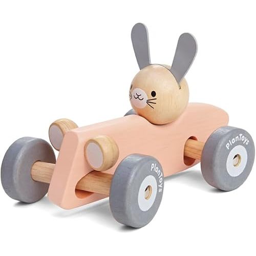 PlanToys Wooden Bunny Rabbit Racing Car with Vintage Car Theme (5717) | Pastel Color Collection |Sustainably Made from Rubberwood and Non-Toxic Paints and Dyes
