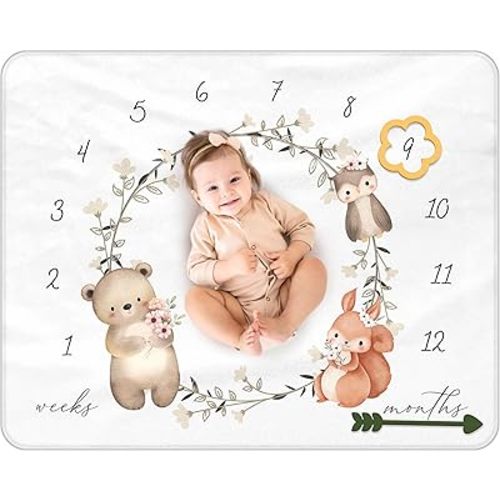 Baby Monthly Milestone Blanket for Girls and Boys – Soft Flannel 40x50 Inch Photo Blanket with 2 Milestone Markers – Newborn Keepsake with Animals, Green Ribbon & Frosted Zipper Pouch
