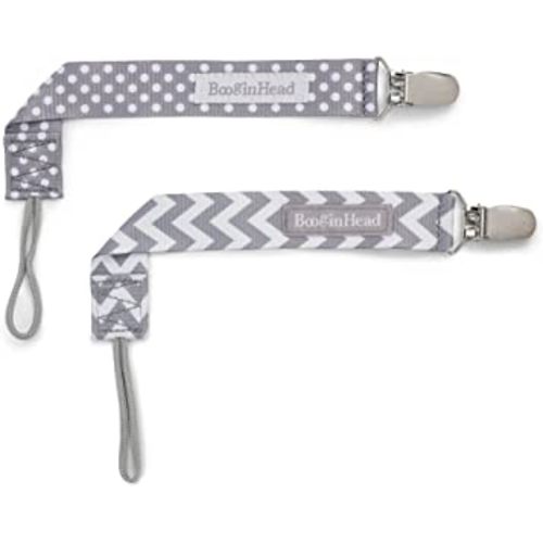 BooginHead Baby Newborn PaciGrip Pacifier Clip, Holder, Toy, Teether, Soothie, Universal Loop Girl, Boy, Gray Chevron, Gray Polka Dots, 2 Pack