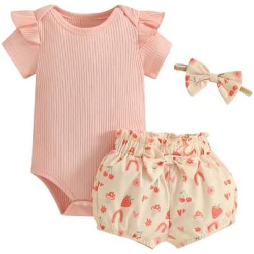 CIYCUIT Baby Girl Outfits – Summer Ruffle Ribbed Bodysuit Floral Print Shorts & Bow Headband – 3-Piece Infant Clothes Set