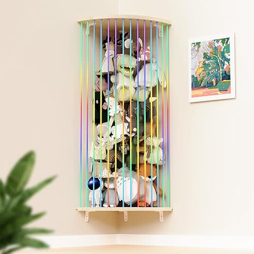Stuffed Animal Storage, Wood Soft Toy Shelf with Adjustable Length Nursery Toy Organizer Hammock, Hanging Corner Net Stuff Animal Holder Zoo,Plush Toy Organizer for Play Room Bedroom Kids Room Décor