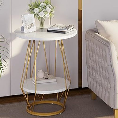 YITAHOME Round End Table, 2-Tier Marble Sofa Bedside Table with Storage Shelf, Modern Small Coffee Table with Faux Marble Top for Living Room Bedroom, White and Gold