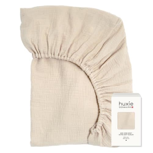 Huxie Mini Crib Sheets – Organic Cotton Muslin Fitted Crib Sheet – Fitted for Pack and Play 24" x 38" Ultra-Soft and Breathable (Fog)
