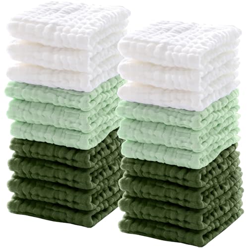 Breling 20 Pcs Baby Muslin Washcloths 12 x 12 Inch Burp Cloth Absorbent Muslin Washcloth Natural Cotton Wipes Soft Newborn Baby Face Towel for Sensitive Skin(White, Light Green, Green)