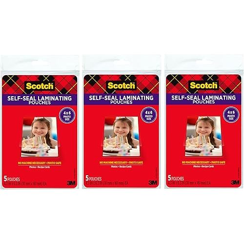 Scotch Self-Sealing Laminating Pouches, 4 x 6 Inches, 3-Pack of 5 Pouches – No Machine Needed, Clear, Photo Safe
