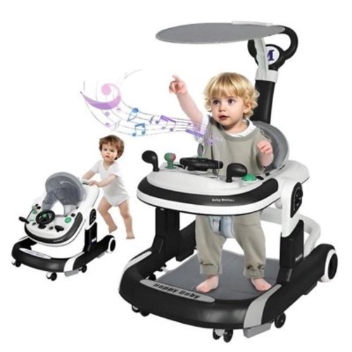 LHUAI 5-in-1 Baby Walker With Bouncer, Removable Footrest, Feeding Tray & Music, Foldable & Adjustable Activity Walker For Boys And Girls, Toddler Infant, Black