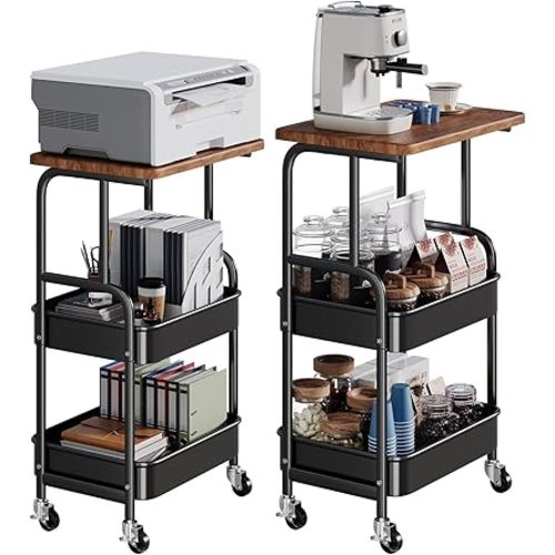 Printer Stand with Wheels and Storage Shelf, 3 Tier Rolling Cart with Wood Table Top, Small Metal Desk Utility Carts, 3D Printer Table on Wheels, Craft and Art Cart Organizer for Kitchen, Office