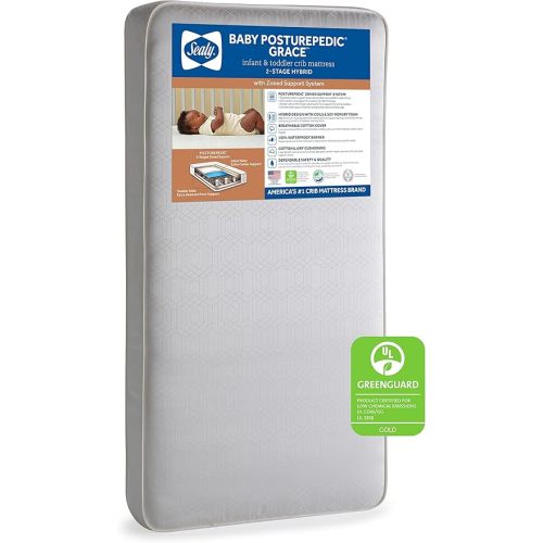 Sealy Baby Posturepedic Grace Hybrid Breathable 2 Stage Waterproof Crib Mattress plus Toddler Bed Fit, Non Toxic, Hypoallergenic, GREENGUARD Gold Certified, Safety & Quality Tested, Made in USA,52X28'