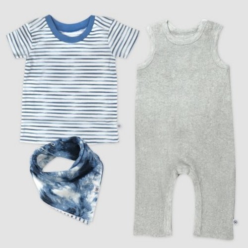 Honest Baby 3pc Ribbed Romper T-shirt & Bandana Bib set - Heather Gray, Size: 3-6M