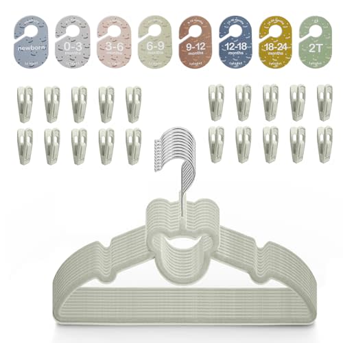 Velvet Baby Hangers with Clips – Organize Baby Clothes by Age with Size Dividers – Save Closet Space for Newborn to Toddler Outfits – Perfect Nursery Must-Have (Moonstone)
