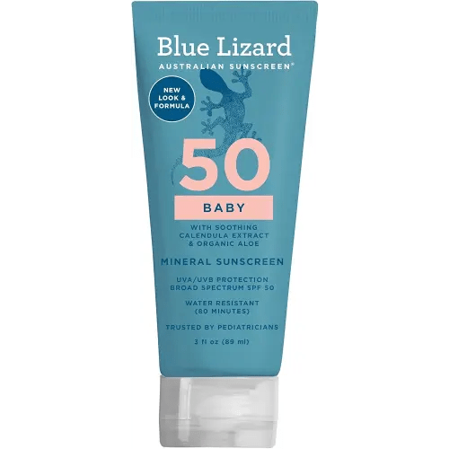 BLUE LIZARD Baby Mineral Sunscreen with Zinc Oxide, SPF 50+, Water Resistant, UVA/UVB Protection with Smart Cap Technology - Fragrance Free, 3 Ounce Tube