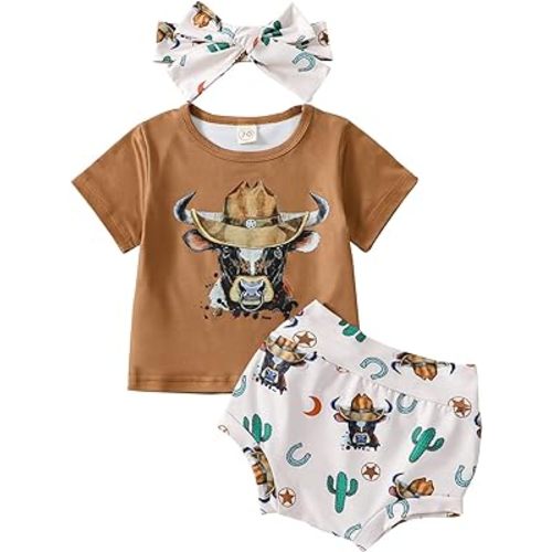 MoZiKQin Western Baby Girl Clothes Cow Letter Print Short Sleeve Tshirt and Shorts Headband Set Boho Summer Clothes