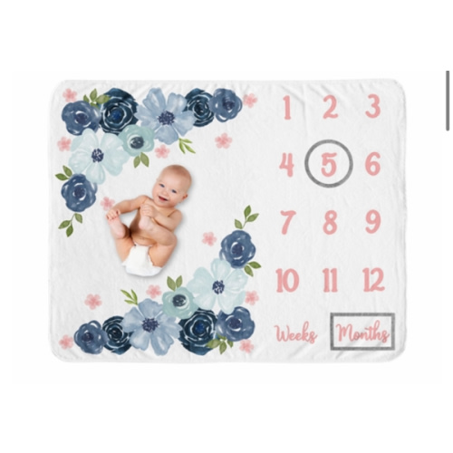 Watercolor Floral Navy Blue And Pink Monthly Milestone Baby Blanket