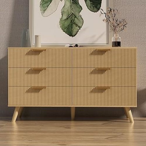 6 Drawer Dresser for Bedroom, 47" Wide Modern Chest of Drawers with Fluted Design, Dresser TV Stand, Boho Storage Wood Dresser Organizer for Living Room, Hallway, Closet, Entryway Natural