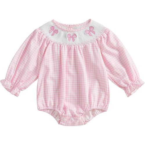 Amazon.com: Youweixiong Newborn Infant Baby Girl Bubble Romper Bow Embroidery Plaid Puff Long Sleeve Smocked Cotton Linen Bodysuit Cute Fall Clothes (Pink, 0-3 Months): Clothing, Shoes & Jewelry