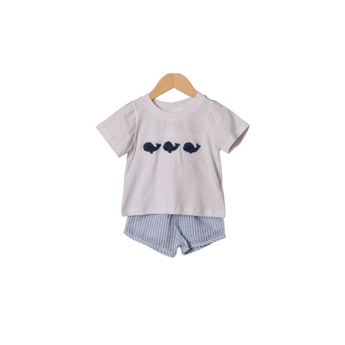 French Knot Whale Blue Seersucker Short Set