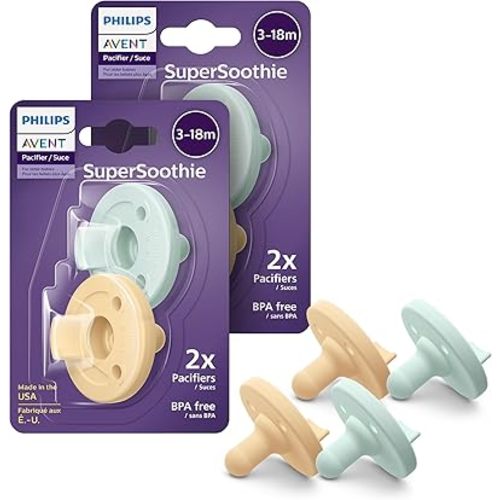 Philips Avent Soothie 3-18 Months Orthodontic Baby Pacifiers, 100% Silicone Pacifiers, One Piece, BPA-Free, 2 Green and 2 Yellow, 4 Pack, Model SCF192/72