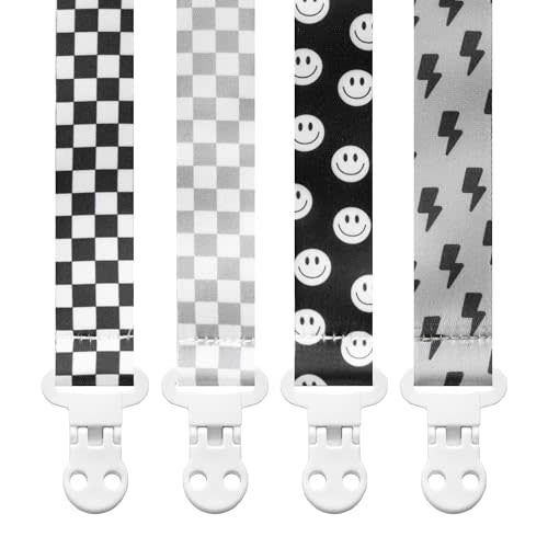 Baby Pacifier Clip Holder - Boy and Girl Unisex 4 Pack Gift Set – Neutral Retro Checker Smiley Bolts Black Gray