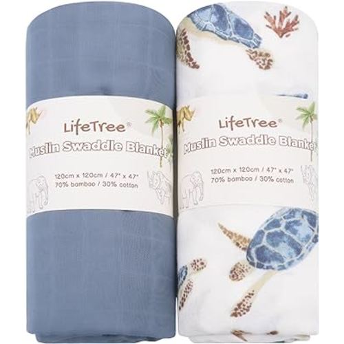 LifeTree Muslin Swaddle Blankets Neutral, Baby Swaddling Wrap Nursery Receiving Blanket for Boys & Girls, Soft 70% Viscose from Bamboo and 30% Cotton, Large 47 x 47 inches, Sea Turtle & Solid Colors