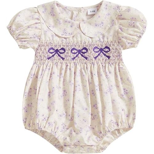Newborn Baby Girl Romper Bow Embroidery Peter Pan Collar Short Sleeve Bubble Bodysuit Summer Clothes