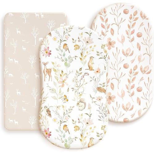 Stretchy Ultra Soft Fitted Bassinet Sheets 3 Pack, Universal Fit for Baby Cradle Moses Basket Oval Rectangle Mattress Safe and Snug, Beautiful Blush Pink Floral Bassinet Sheet for Girls
